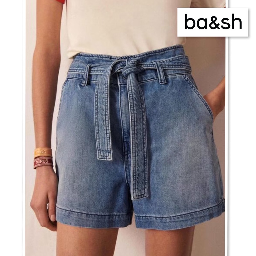 BA&SH Clark Paperbag Denim Shorts S 4 High Rise Cuffed Jeans Shorts Tie Belt